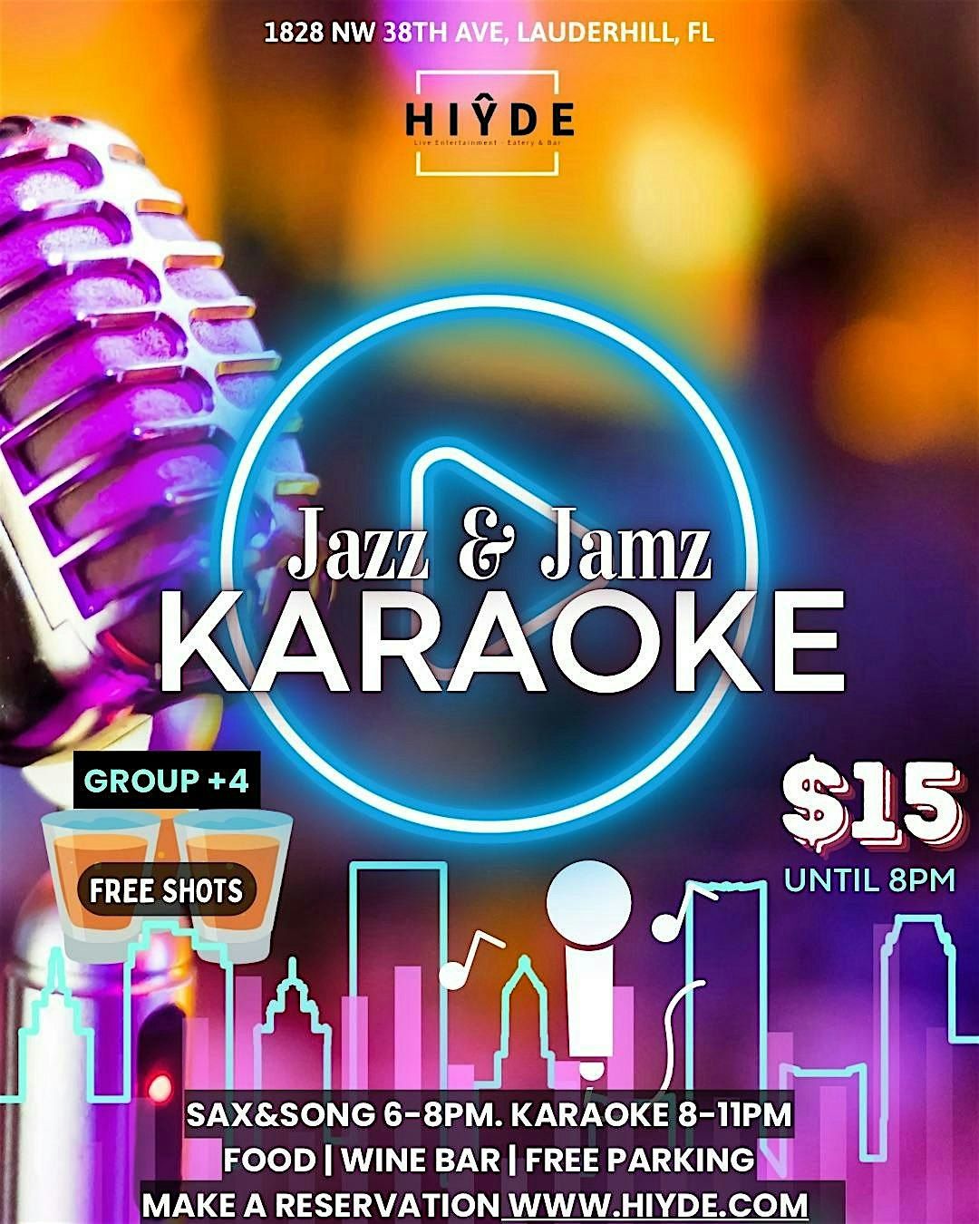 Live Music + Karaoke- Jazz & Jamz $15 until 8pm.