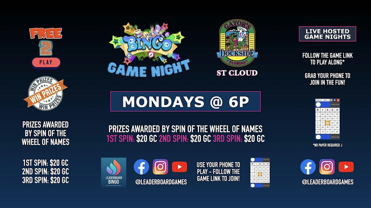 BINGO Game Night | Gator's Dockside - St Cloud FL MON 6p @LeaderboardGames