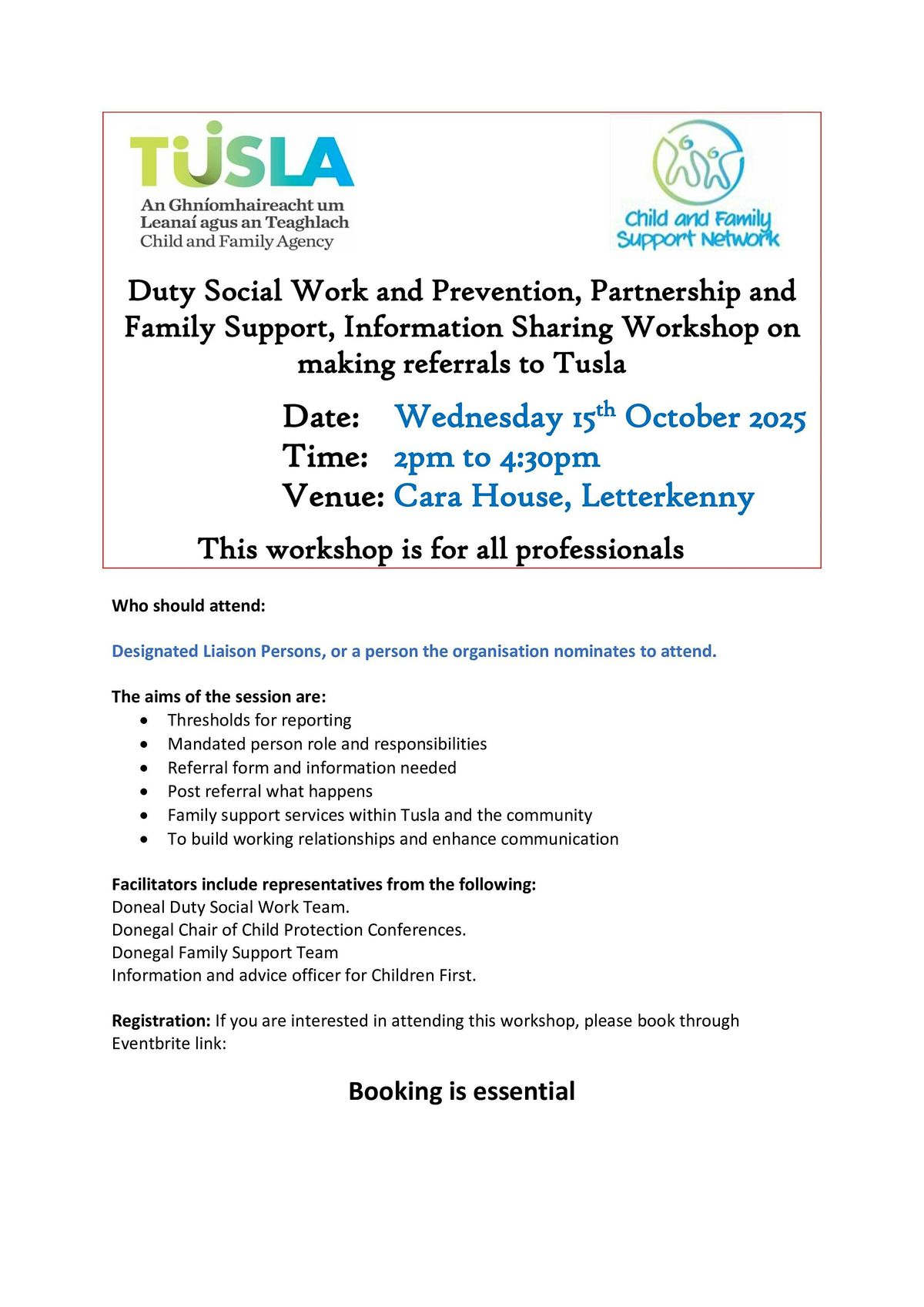 Information Workshop on Making Referrals to Tusla for Professionals
