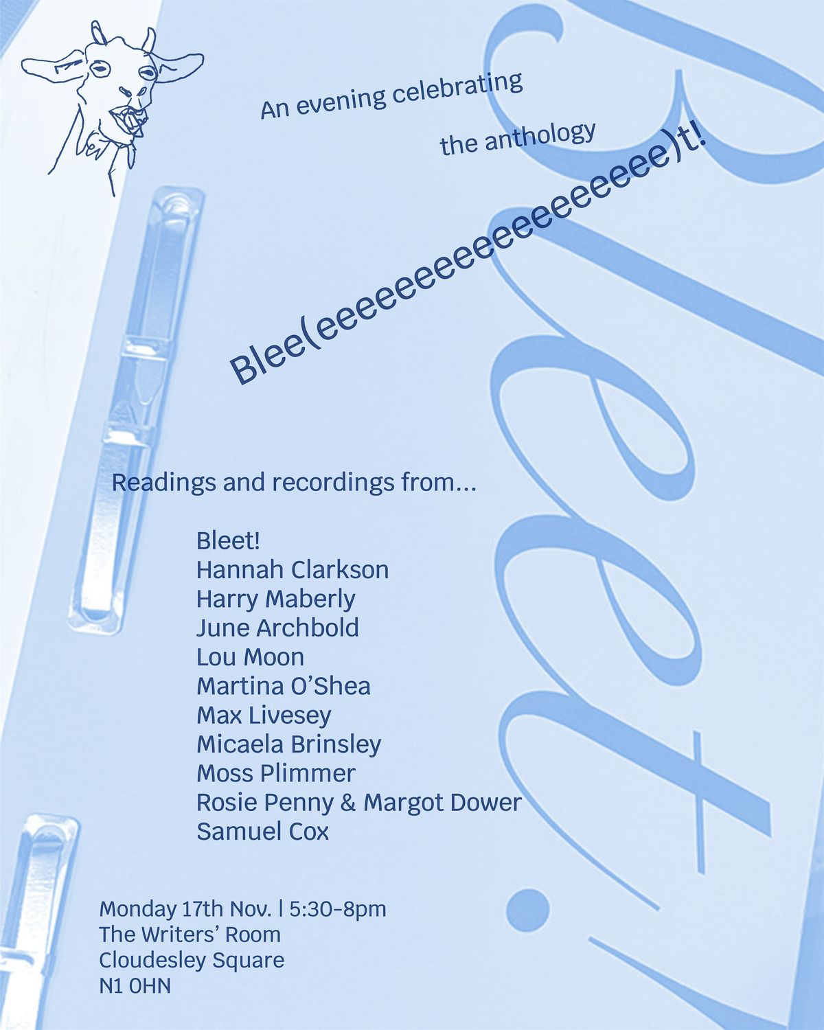 Blee(eeeeeeeeeeeeeeeeee)t! readings at Wild Pansy Press Writers' Room