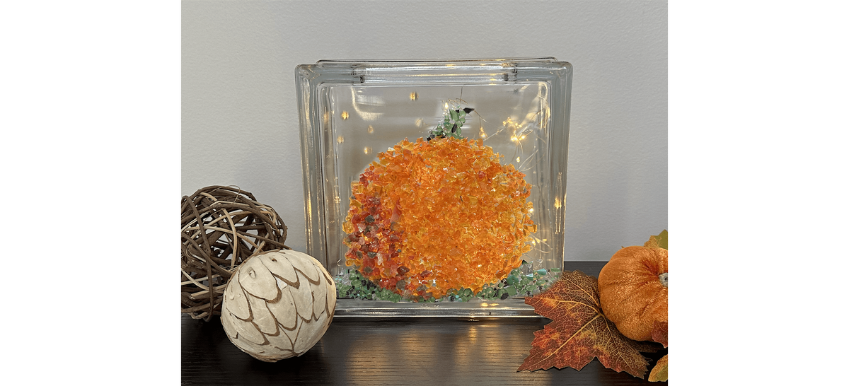 Crushed Glass Pumpkin Glass Block with Lights Paint Sip Art Class Akron
