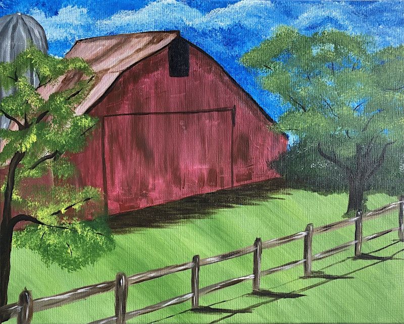 Paint and sip this beautiful \u2018Rusty Red Barn\u2019 painting at Brick & Barrel
