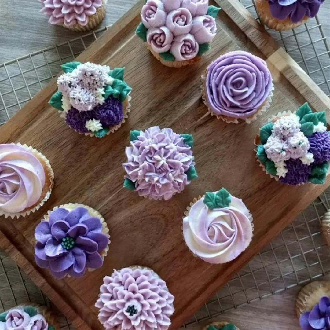 Purple floral cupcake decorating class at The Vineyard at Hershey