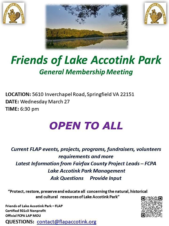 Friends of Lake Accotink Park 4th Qtr General Membership Meeting