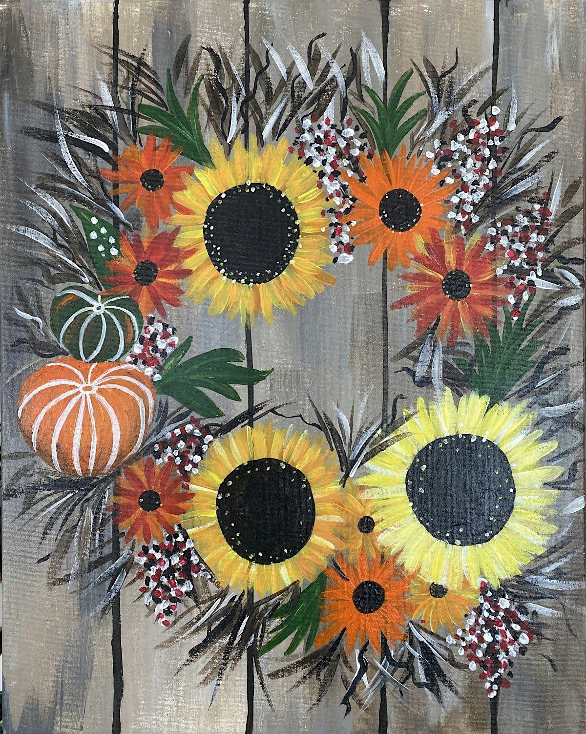 Create this beautiful Autumn Wreath at our fun paint and sip painting event