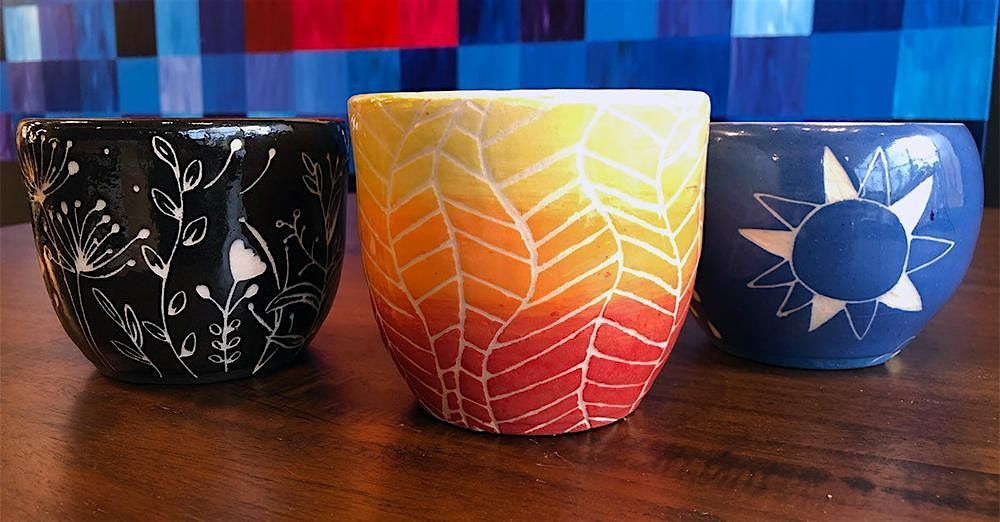 Slip N' Carved Sgraffito Flower Pots\/Cups @ Flingin Pots Backyard Studio