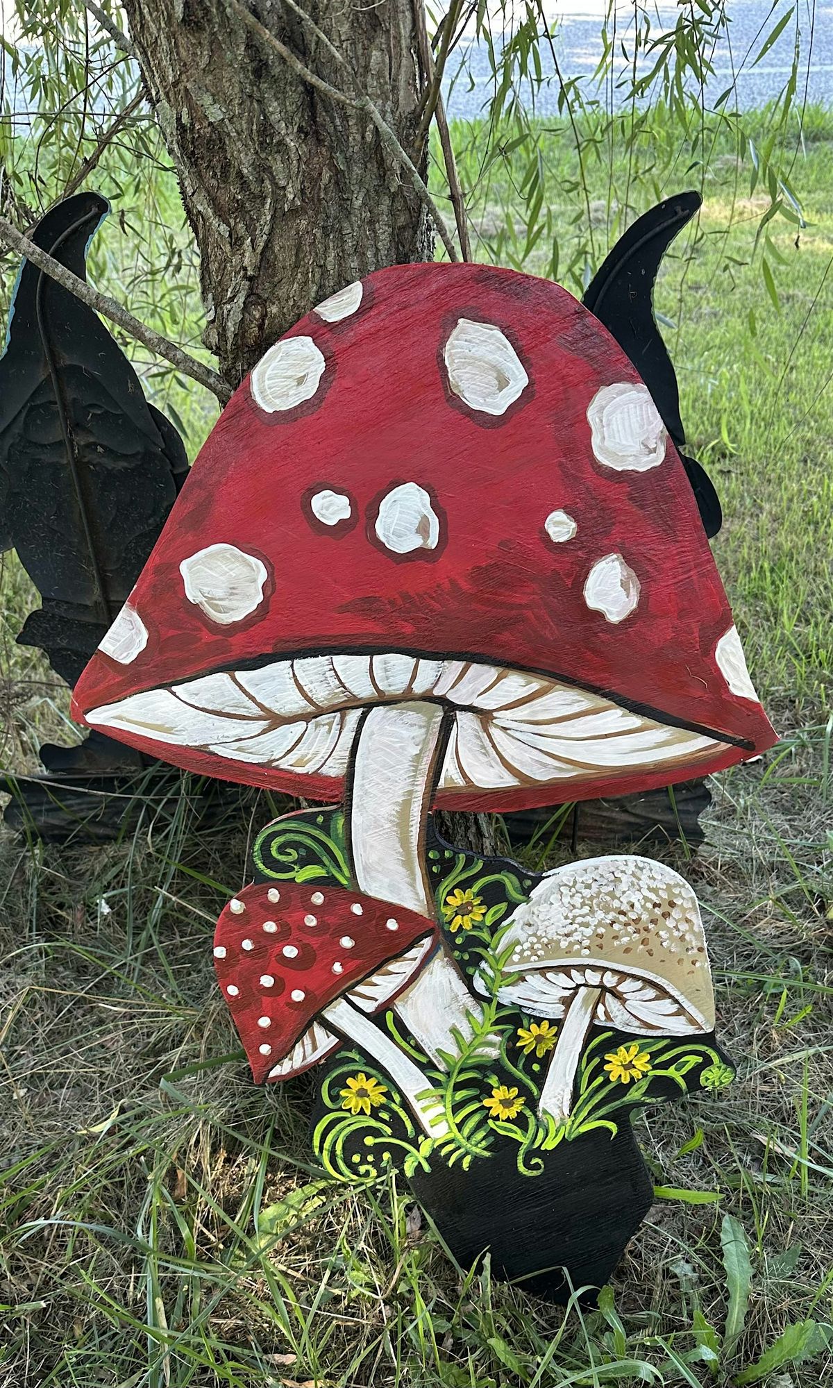 Paint Large outdoor wood Mushrooms with Dawn at Oaked at the Globe