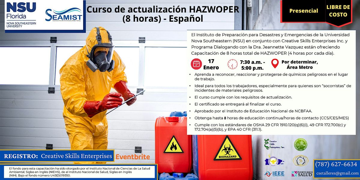 17 Enero Presencial Curso: Actualizaci\u00f3n HAZWOPER (8 horas) - Espa\u00f1ol