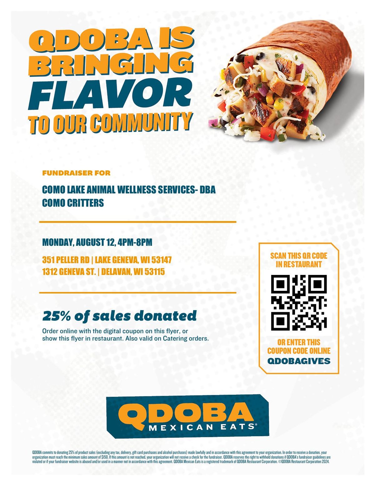 Qdoba fundraiser for Como Critters Qdoba (351 Peller Rd, Lake Geneva