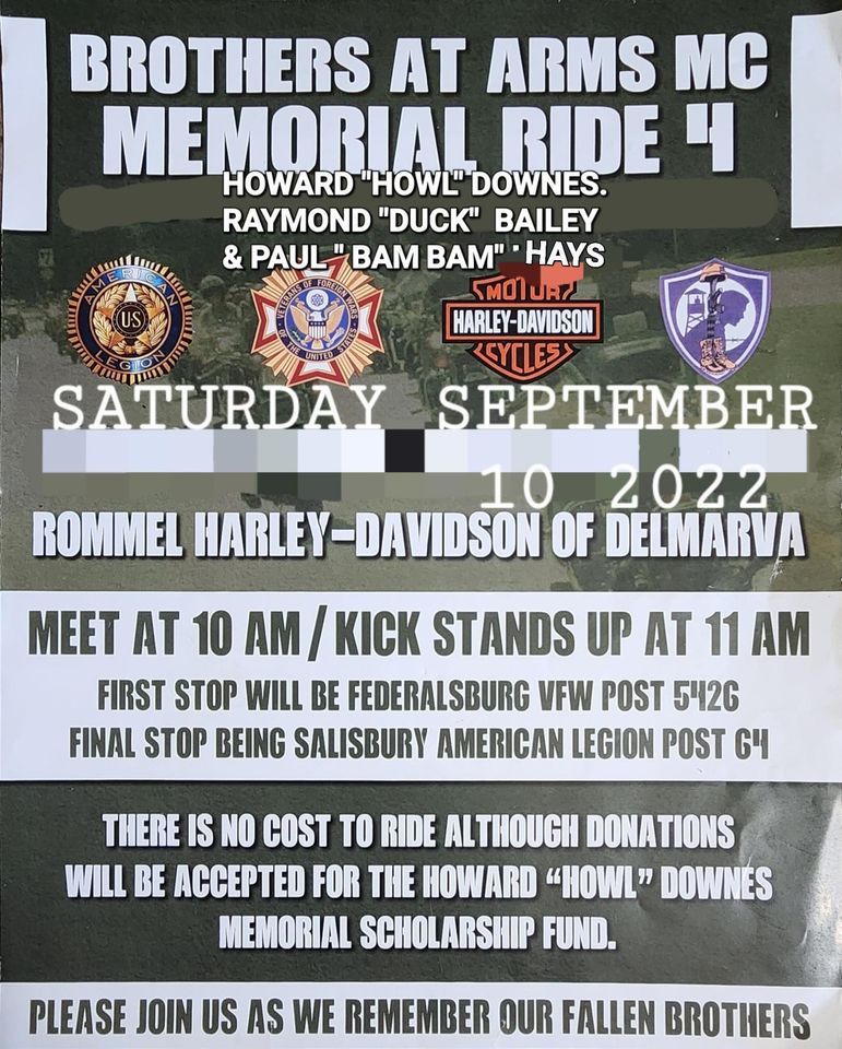 BROTHERS AT ARMS MC MEMORIAL RIDE 4 | Rommel Harley-Davidson Delmarva ...
