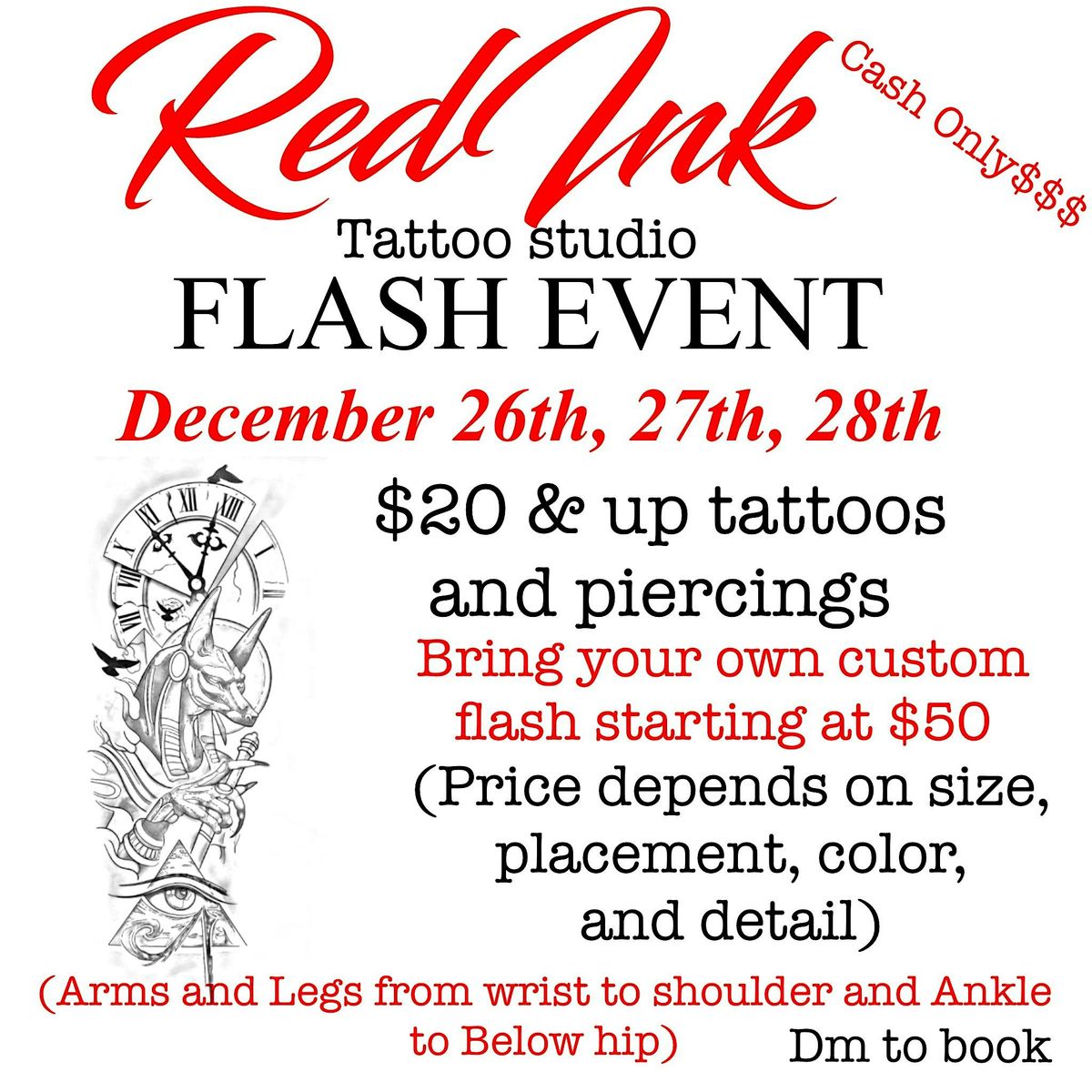 $20 & UP FLASH TATTOOS AND $10 & UP PIERCINGS THIS DECEMBER 26TH-28TH!!!