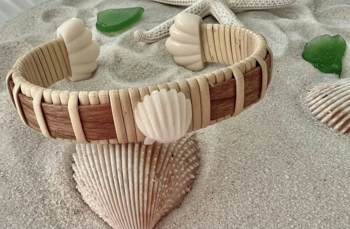 Nantucket bracelet with natural cherry wood and a carved shell!