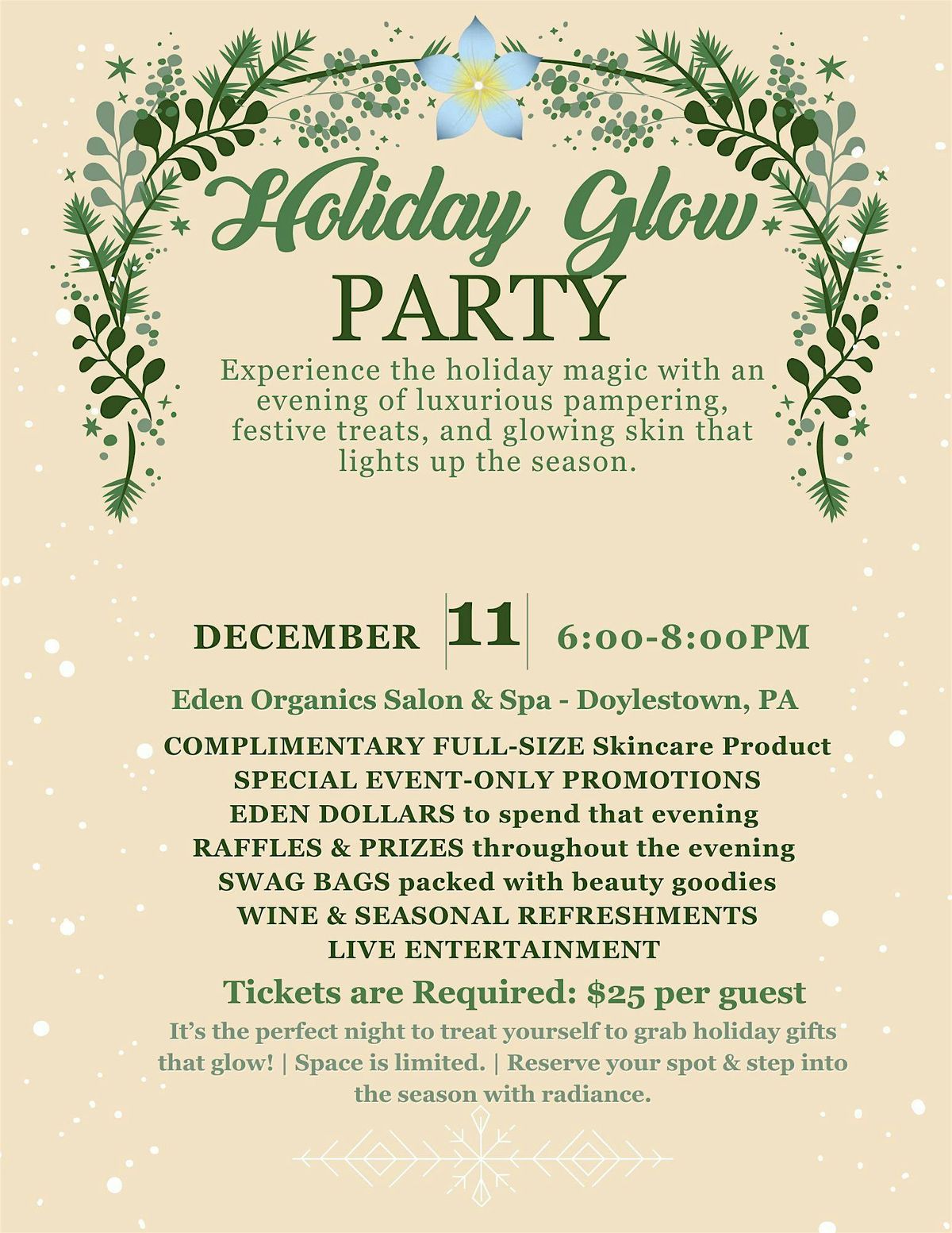 Holiday Glow Party At Eden Organics Salon and Spa of Doylestown PA