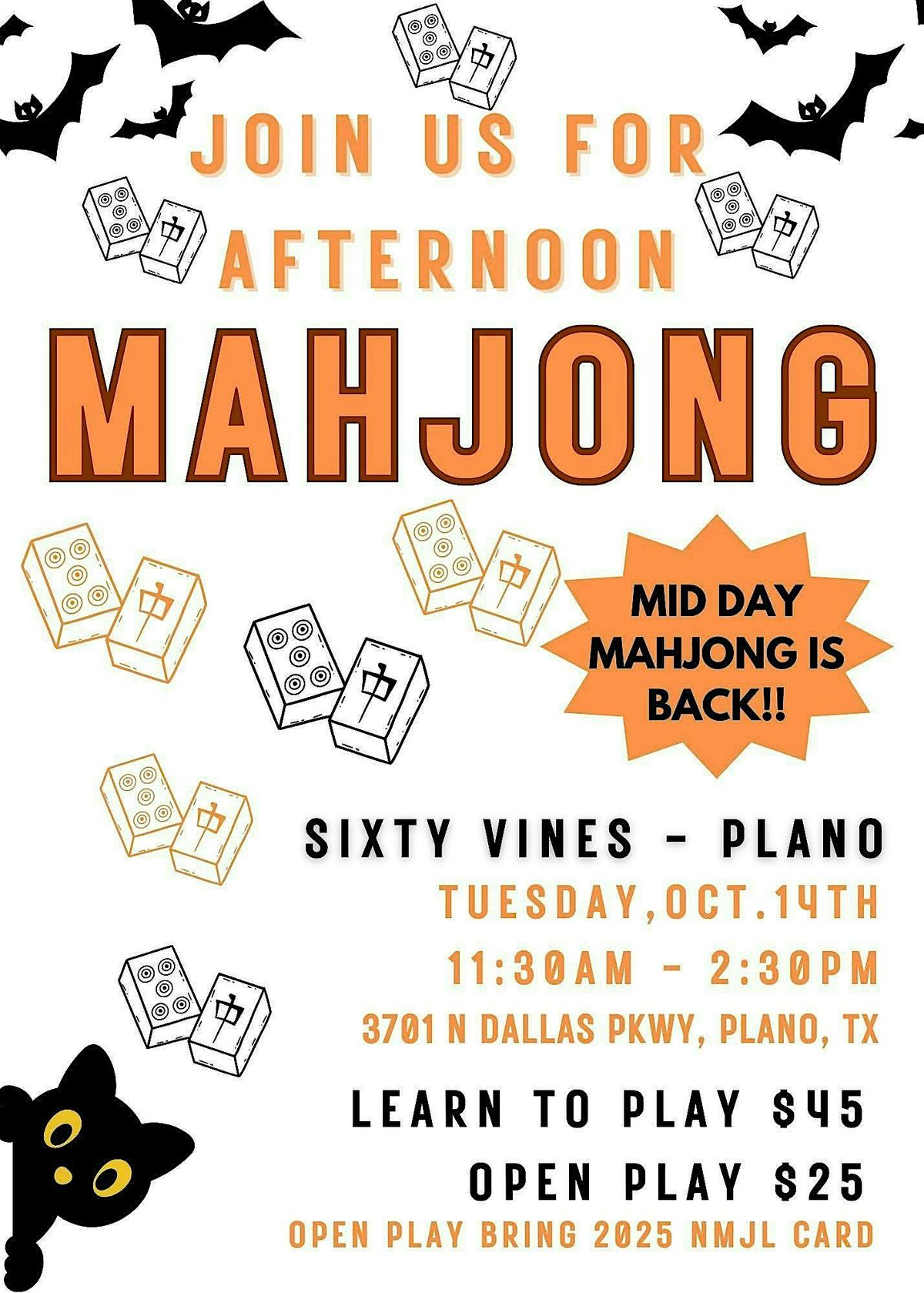 Mid-Day Mahjong @ Sixty Vines Plano OCT 14TH