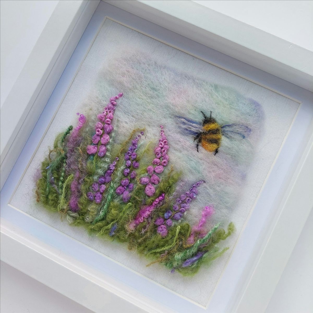 Felted Bumble Bee - needle felted and embroidered picture