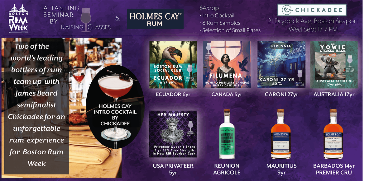 Holmes Cay\/Raising Glasses Guided Rum Tasting w\/Small Plates at Chickadee