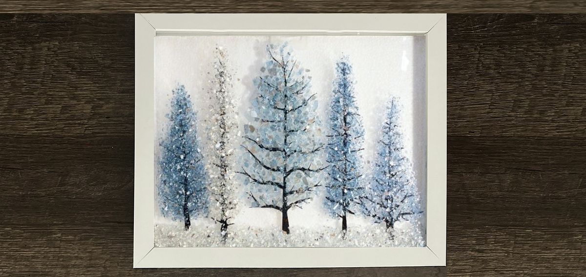 Crushed Glass Evergreen Winter Tree Scene on Frame Paint Art Sip Class