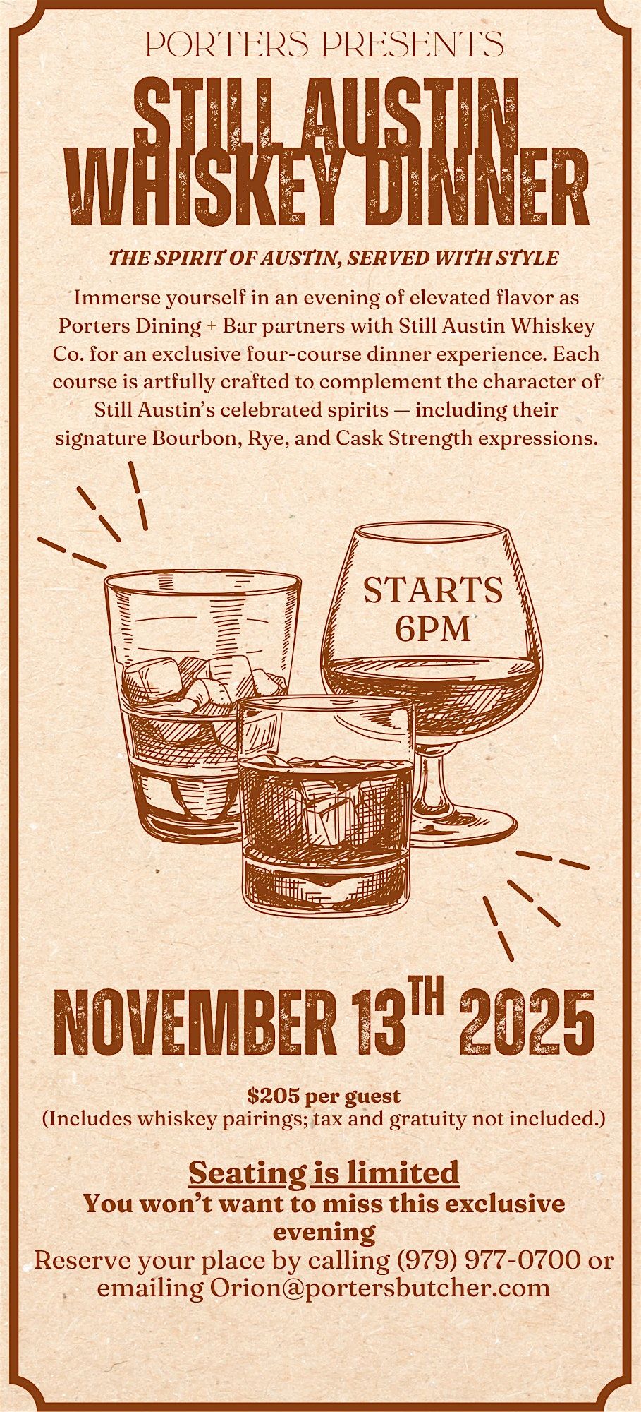 Still Austin Whiskey Dinner at PORTERS