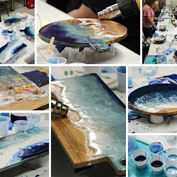 Resin Ocean wave pour on a cheese board workshop
