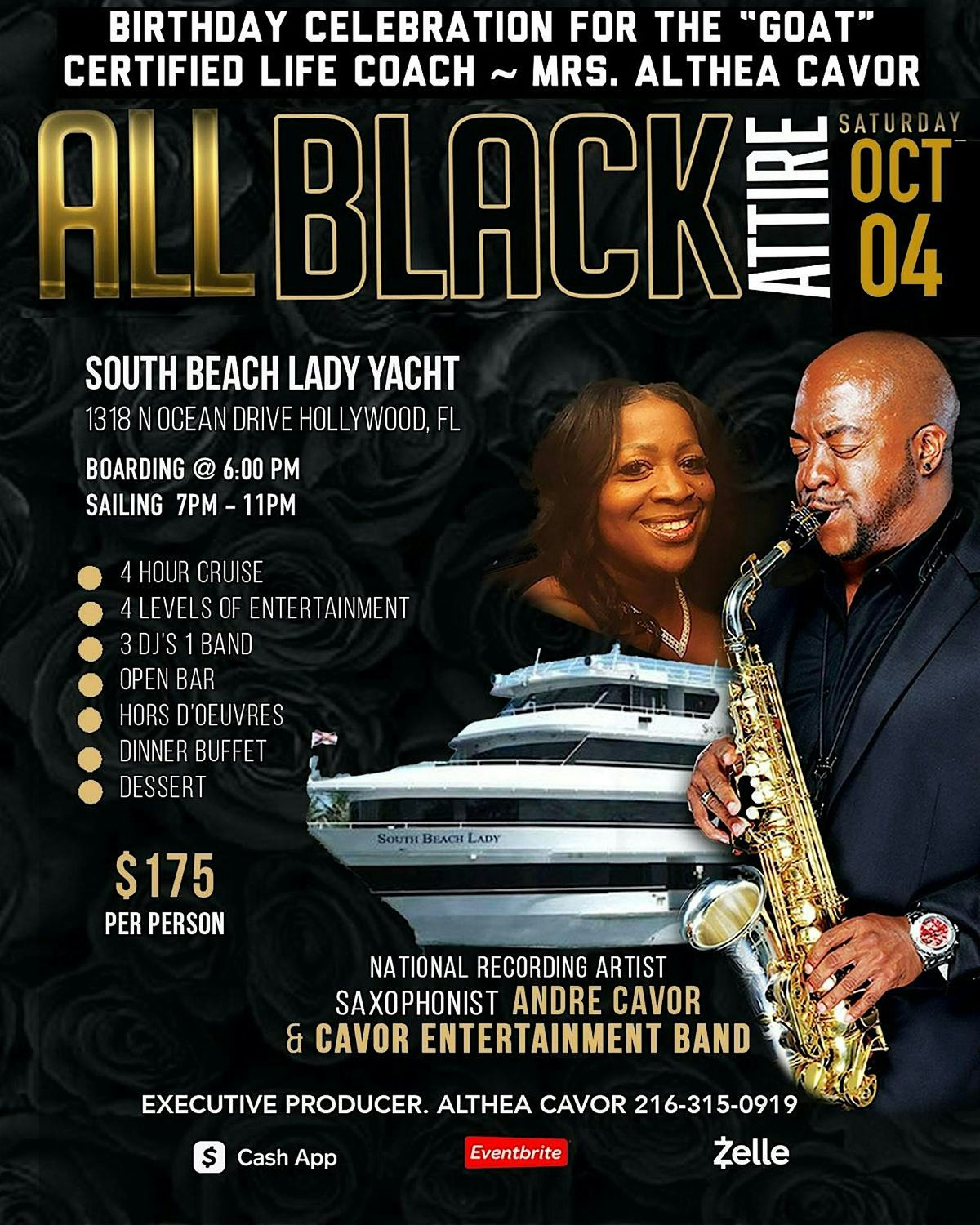 All Black Attire Yacht Party on South Beach Lady with Dinner & Open Bar