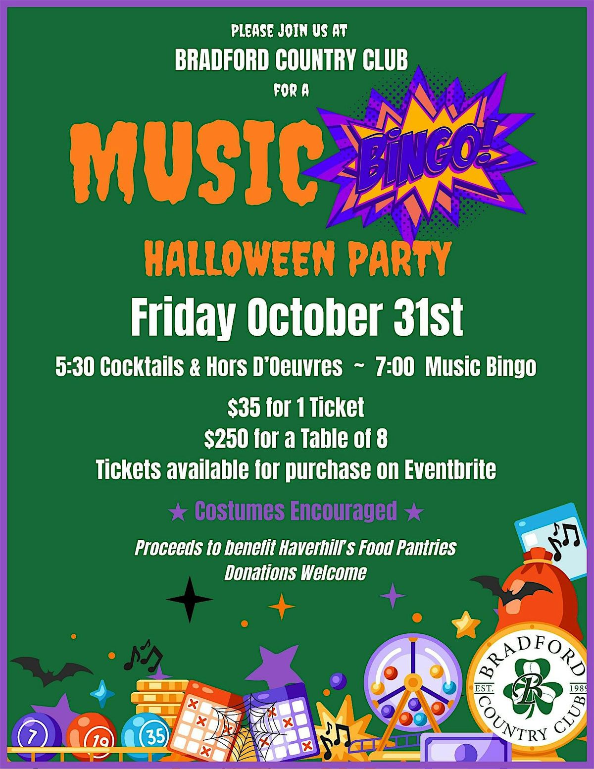 Music Bingo Halloween Party at Bradford Country Club