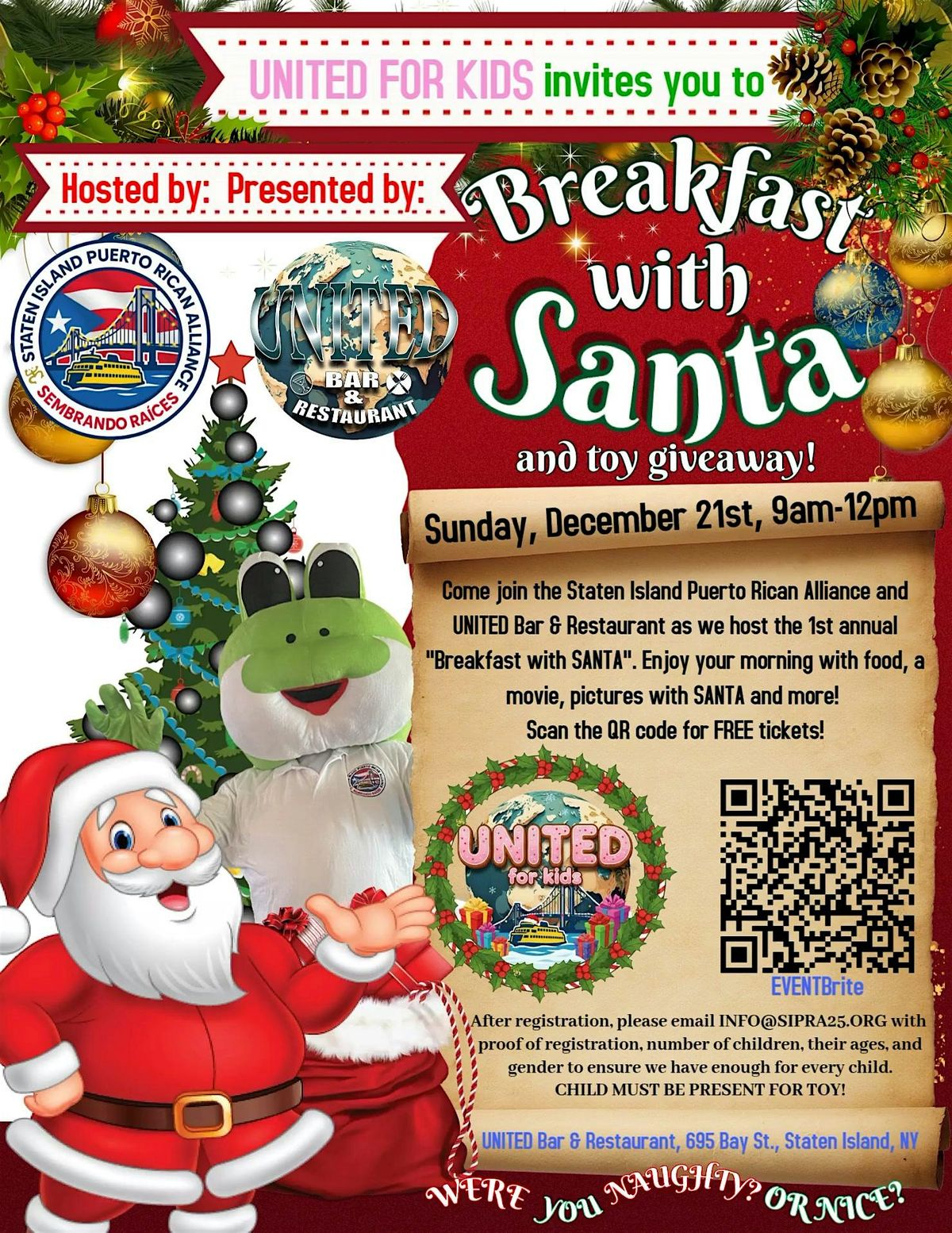 Breakfast with SANTA, "RICO" the coqui elf and toy giveaway