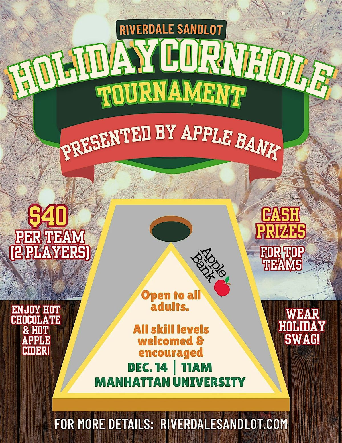 Riverdale Sandlot Holiday Cornhole Tournament Presented by Apple Bank