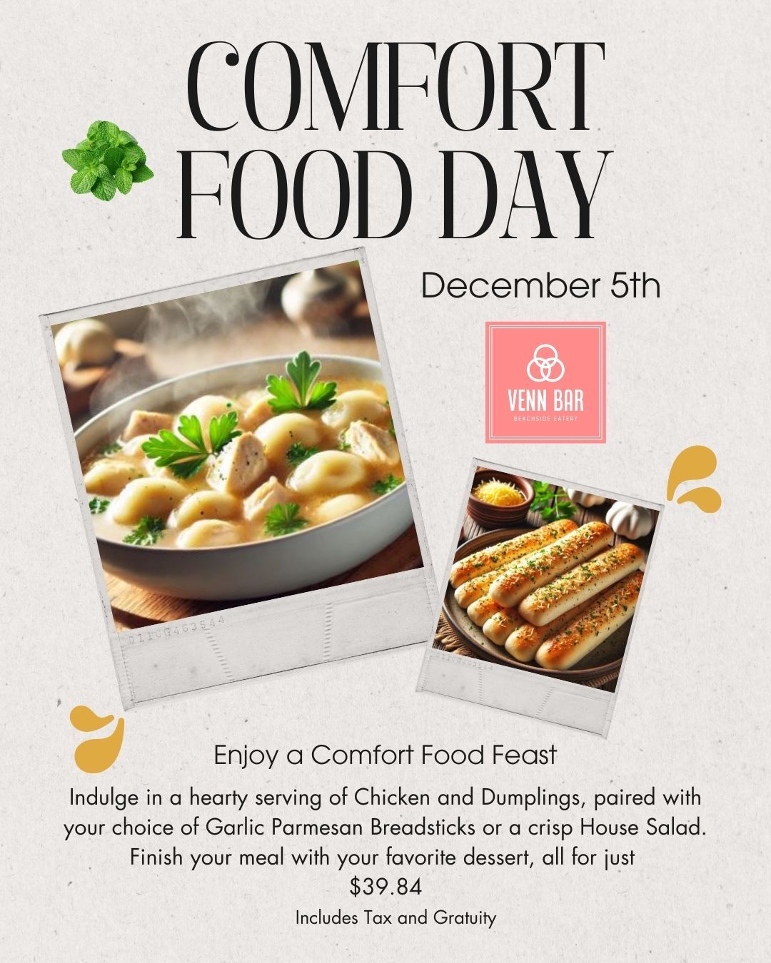 Enjoy Comfort Food Day at Venn Bar Dec. 5, 2024 1901 S Atlantic Ave