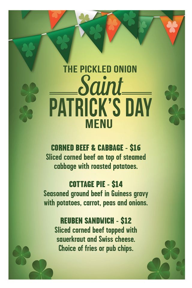 St Pats Menu | The Pickled Onion, Franklinton, NC | March 17, 2023