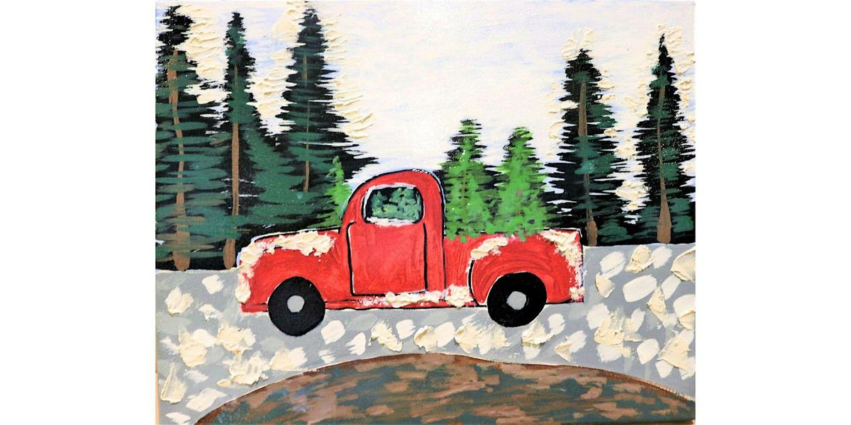 Red Christmas Truck in a Winter Pine Forest Painting Class