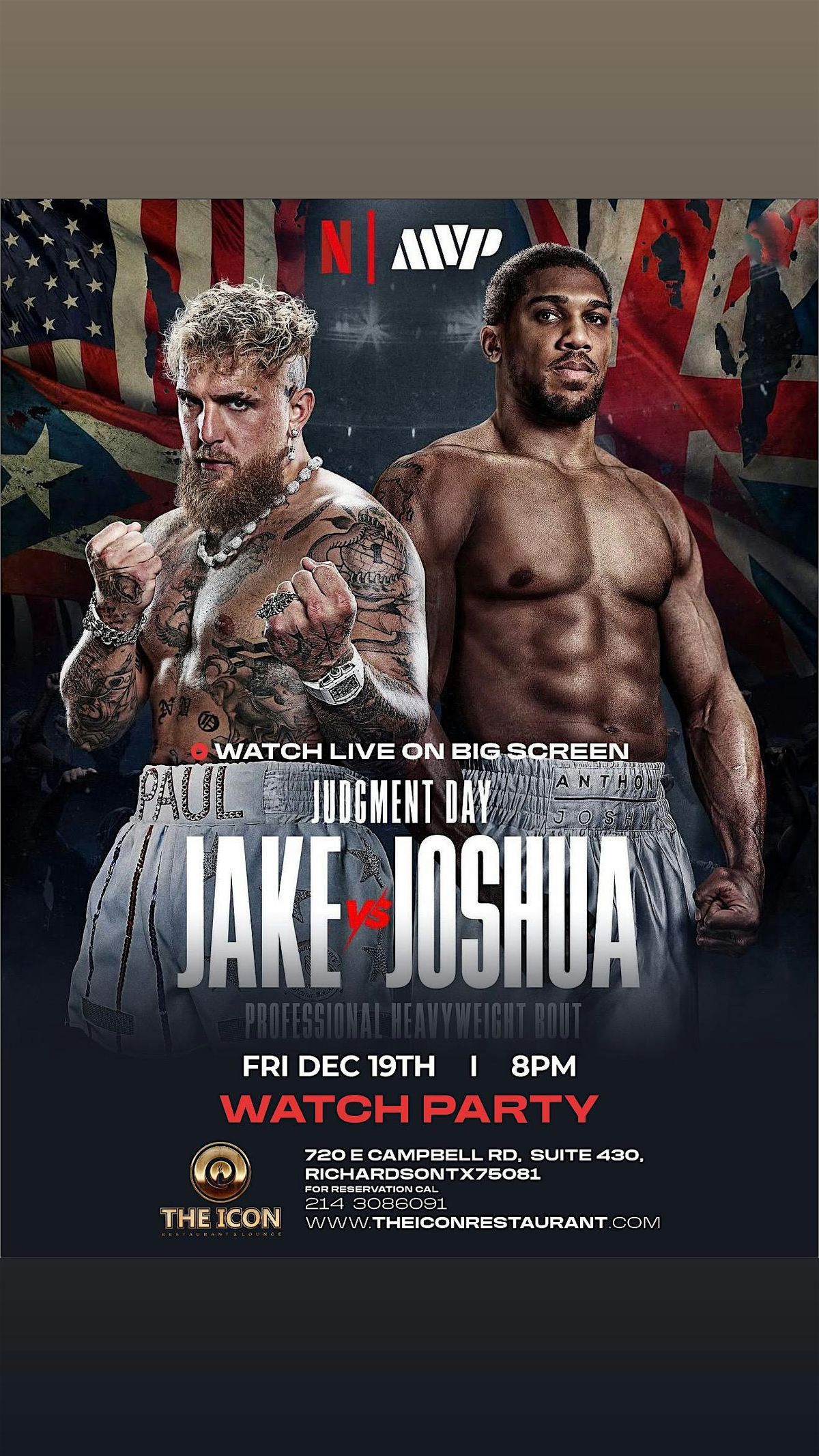Jake vs Joshua Watch Party at The Icon! Big screens, big vibes.