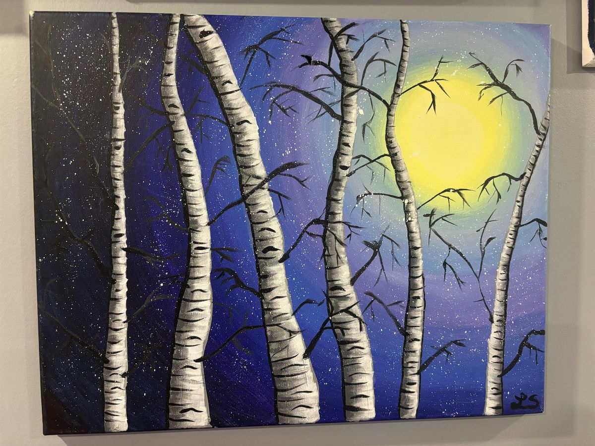 Winter Moonlit Birch Trees Painting Class