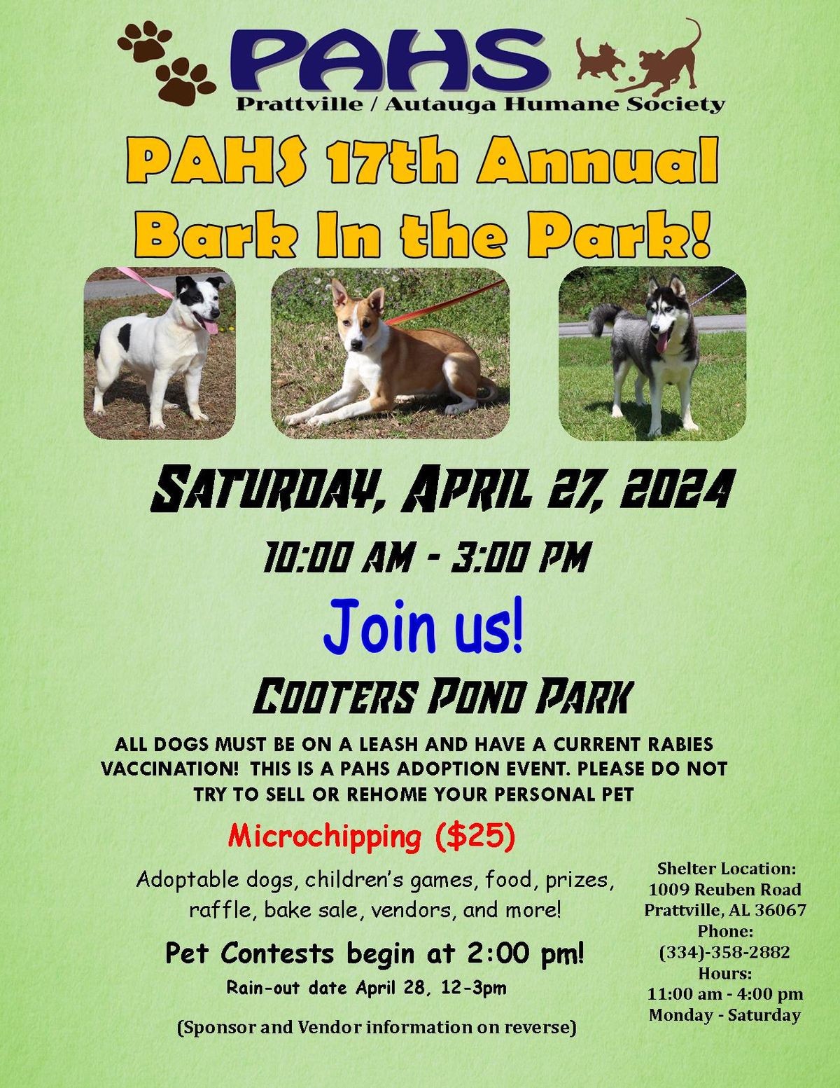 Bark in the Park Cooters Pond Park, Prattville, AL April 27, 2024