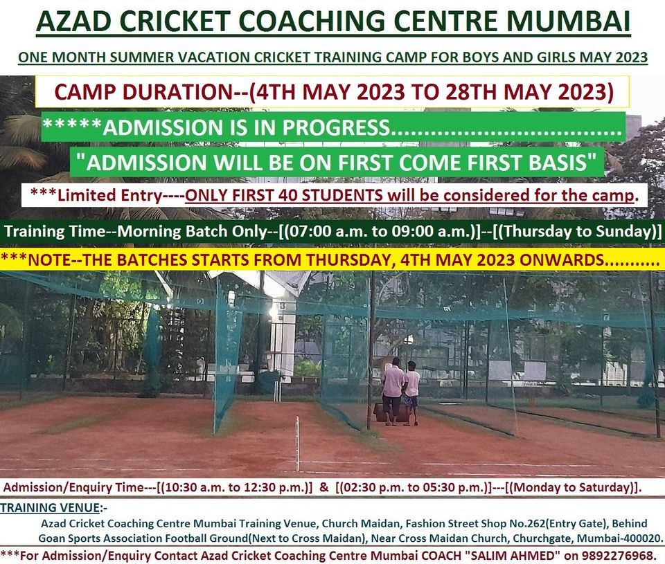 ACCC MUMBAI ONE MONTH SUMMER VACATION CRICKET TRAINING CAMP FOR BOYS