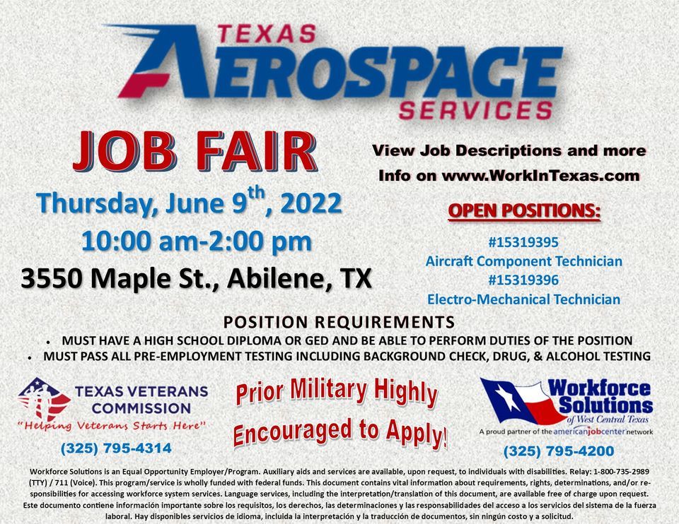 Texas Aerospace Job Fair 3550 Maple St, Abilene, TX 796027130