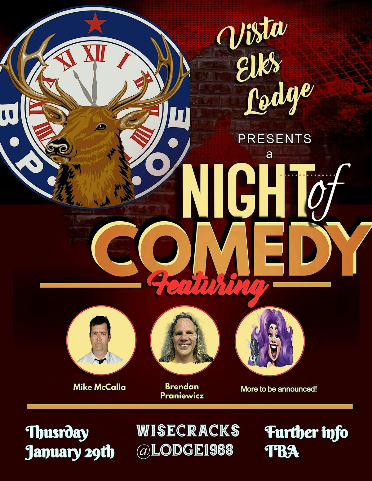 Vista Elk's Club Lodge #1968 presents WISECRACKS-A Comedy Showcase