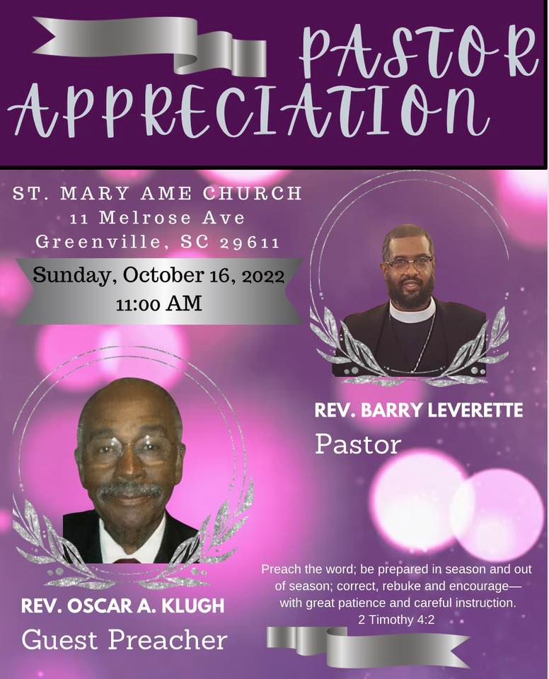 Pastor Appreciation | St. Mary AME Church, Greenville, SC | October 16 ...