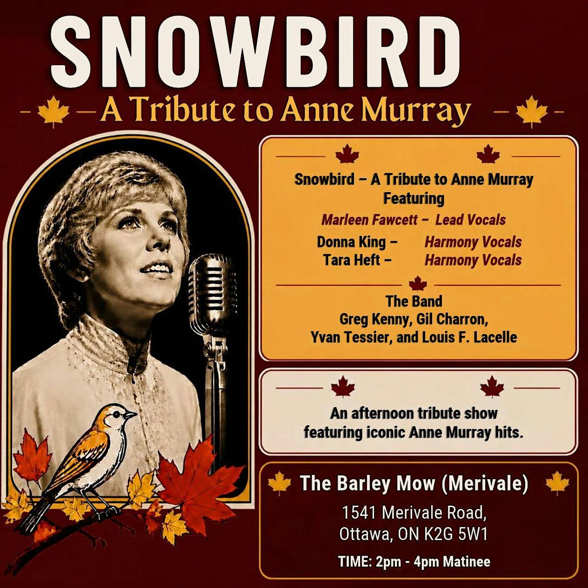 Asnowbird SNOWBIRD, A Tribute to Anne Murray Show at The Barley Mow (Merivale ...