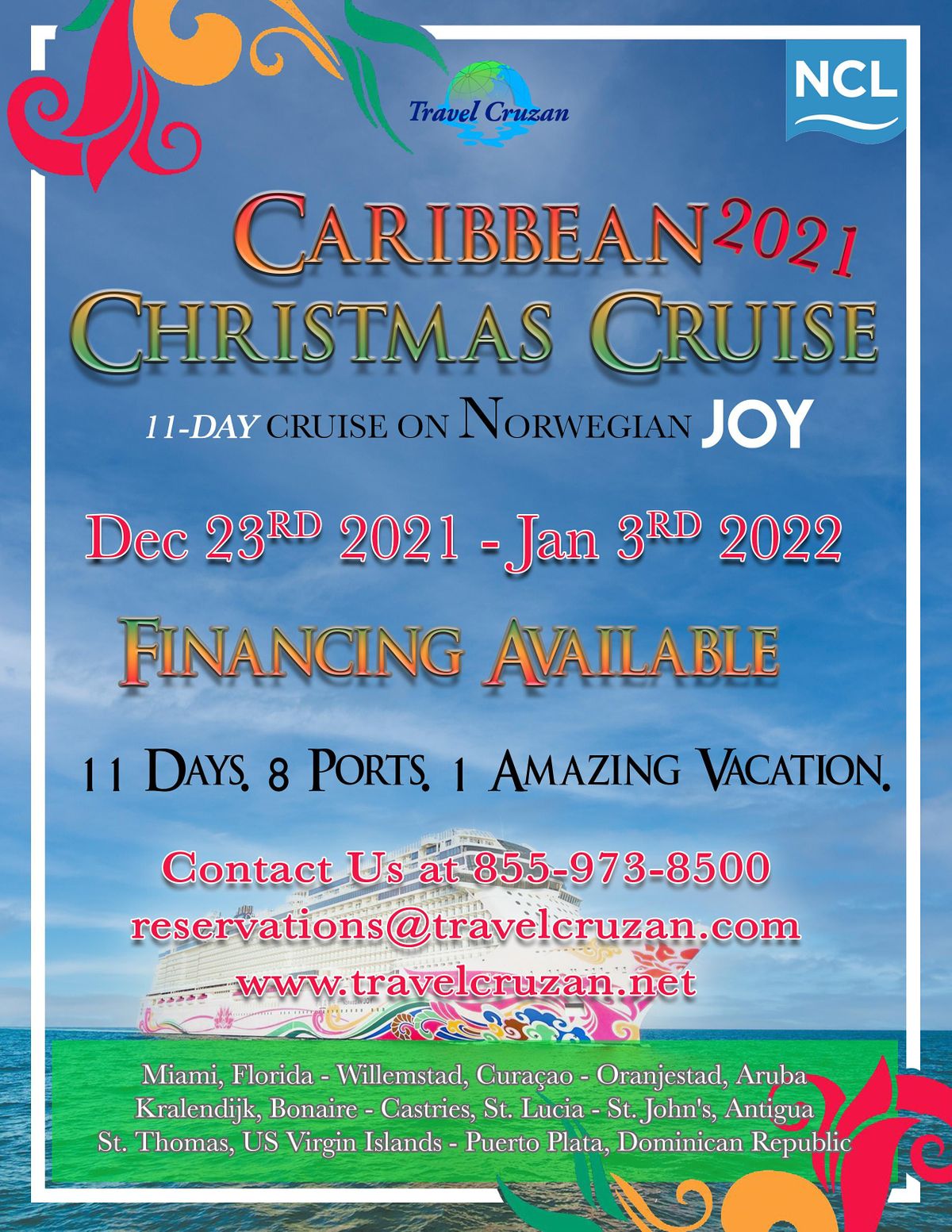 Package Tours From Chicago To Curacao Christmas 2022 11 - Day Cruise On Norwegian Joy : Caribbean Christmas 2021 | Cruise  Terminal, Miami Beach, Fl | December 23 To January 3