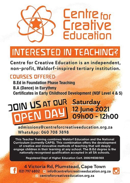 Open Day 12 June 21 Centre For Creative Education Cape Town Wc June 12 21