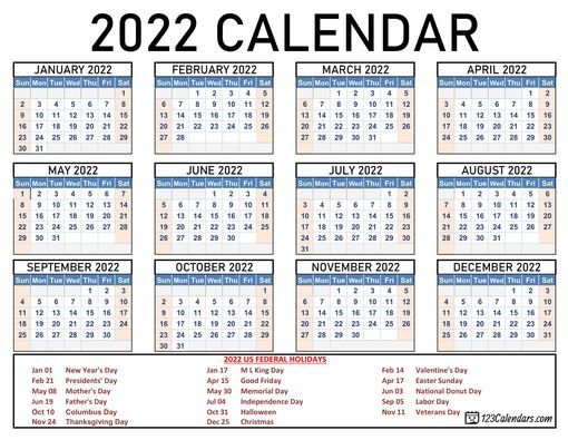 2022 calendar with federal holidays