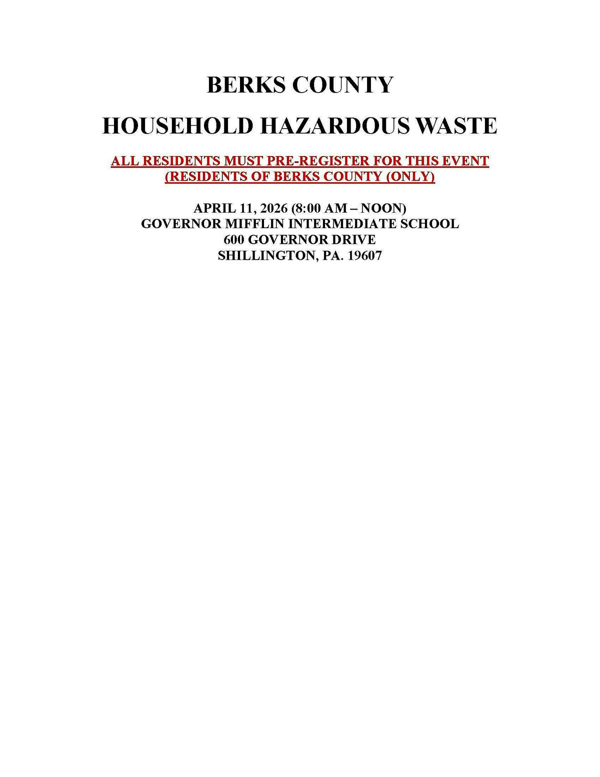 Berks County Household Hazardous Waste Collection - Spring 2026